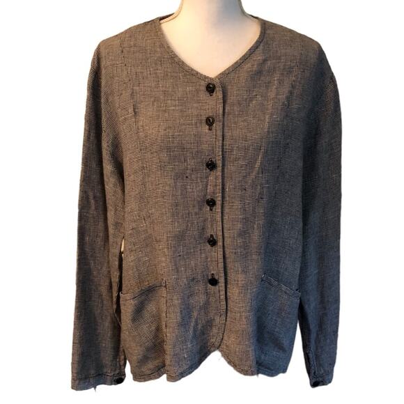 Flax L 100% Linen Black White Button Jacket Shirt Capsule Lagenlook Minimalist - Picture 1 of 5